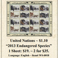 United Nations ~ $1.10 “2013 Endangered Species” Stamp Sheet