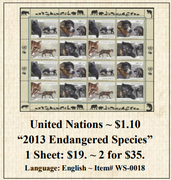 United Nations ~ $1.10 “2013 Endangered Species” Stamp Sheet