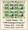 United Nations ~ 32¢ “1998 Endangered Species” Stamp Sheet