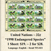 United Nations ~ 32¢ “1998 Endangered Species” Stamp Sheet