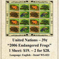 United Nations ~ 39¢ “2006 Endangered Frogs” Stamp Sheet