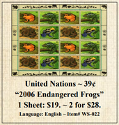 United Nations ~ 39¢ “2006 Endangered Frogs” Stamp Sheet