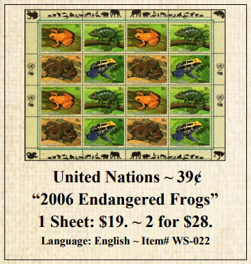 United Nations ~ 39¢ “2006 Endangered Frogs” Stamp Sheet