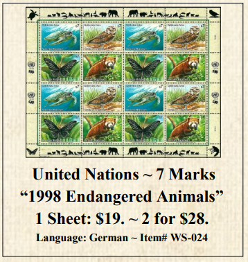 United Nations ~ 7 Marks “1998 Endangered Animals” Stamp Sheet