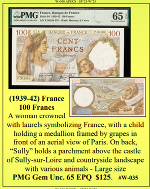 (1939-42) France 100 Francs ~ World Currency ~ PMG Gem Unc. 65 EPQ  ~ #W-035