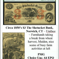 Circa 1850's $3 The Shetucket Bank, Norwich, CT Obsolete Currency ~ PMG UNC64 ~ #010