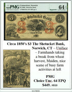 Circa 1850's $3 The Shetucket Bank, Norwich, CT Obsolete Currency ~ PMG UNC64 ~ #010