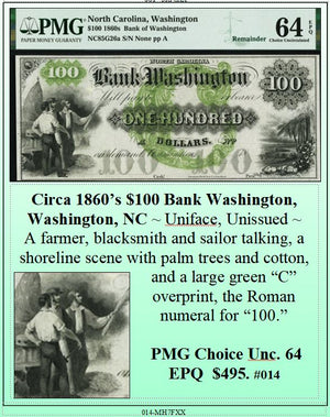 Circa 1860's $100 Bank Washington, Washington NC Obsolete Currency ~ PMG UNC64 ~ #014