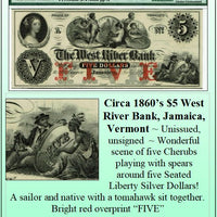 Circa 1860's $5 West River Bank, Jamaica, Vermont Obsolete Currency ~ PMG UNC64 ~ #015
