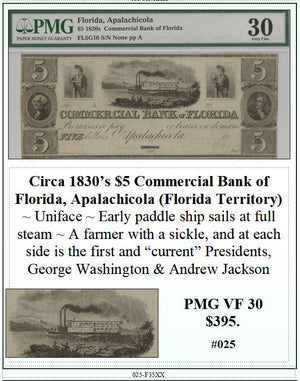Circa 1830's $5 Commercial Bank of Florida, Apalachicola (Florida Territory) Obsolete Currency ~ PMG VF30 ~ #025