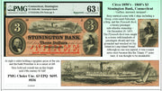 Circa 1850's-1860's $3 Stonington Bank, Connecticut Obsolete Currency ~ PMG UNC63 ~ #036