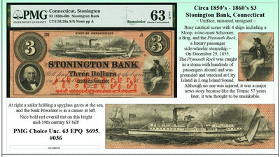 Circa 1850's-1860's $3 Stonington Bank, Connecticut Obsolete Currency ~ PMG UNC63 ~ #036