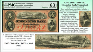 Circa 1850's-1860's $3 Stonington Bank, Connecticut Obsolete Currency ~ PMG UNC63 ~ #036