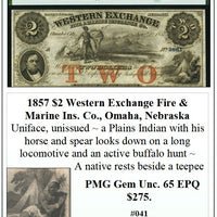 1857 $2 Western Exchange Fire & Marine Ins. Co., Omaha, Nebraska Obsolete Currency ~ PMG GEM UNC65 ~ #041