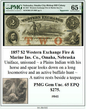 1857 $2 Western Exchange Fire & Marine Ins. Co., Omaha, Nebraska Obsolete Currency ~ PMG GEM UNC65 ~ #041