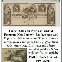 Circa 1830's $8 Peoples' Bank of Paterson, New Jersey Obsolete Currency ~ PMG UNC64 ~ #053
