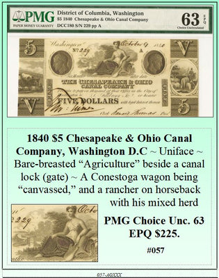1840 $5 Chesapeake & Ohio Canal Company, Washington D.C. Obsolete Currency ~ PMG UNC63 ~ #057