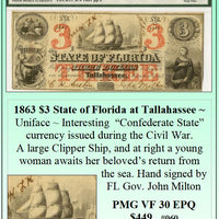 1863 $3 State of Florida at Tallahassee Obsolete Currency ~ PMG VF30 ~ #060
