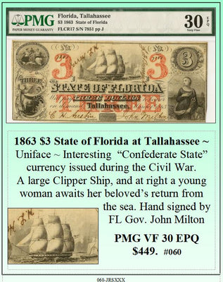 1863 $3 State of Florida at Tallahassee Obsolete Currency ~ PMG VF30 ~ #060