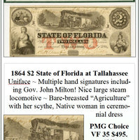 1864 $2 State of Florida at Tallahassee Obsolete Currency ~ PMG VF35 ~ #061
