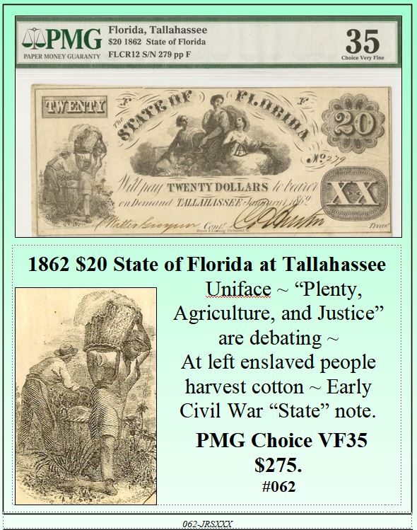 1862 $20 State of Florida at Tallahassee Obsolete Currency ~ PMG VF35 ~ #062