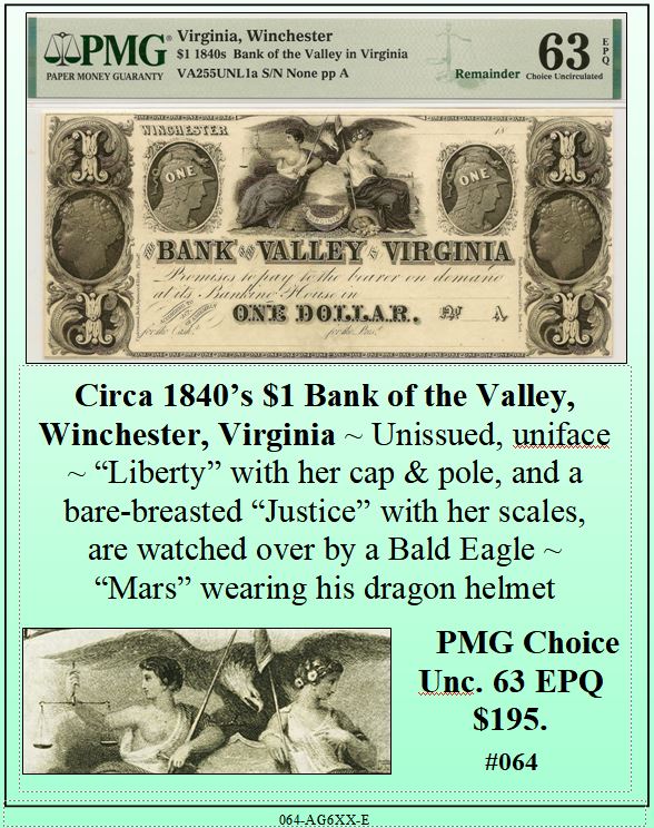 Circa 1840's $1 Bank of the Valley, Winchester, Virginia Obsolete Currency ~ PMG UNC63 ~ #064