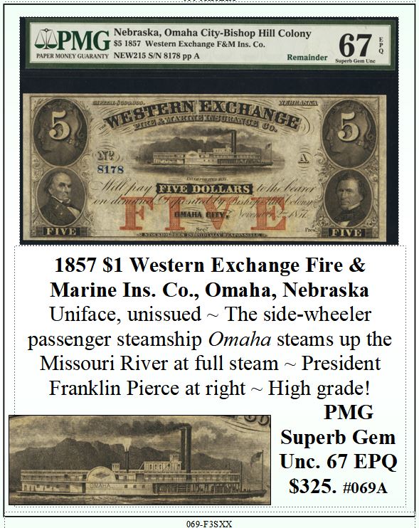1857 $1 Western Exchange Fire & Marine Ins. Co., Omaha, Nebraska Obsolete Currency ~ PMG SUPERB GEM UNC67 ~  #069A