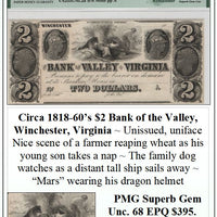 Circa 1818-60's $2 Bank of the Valley, Winchester, Virginia Obsolete Currency ~ PMG SUPERB GEM UNC68 ~ #077