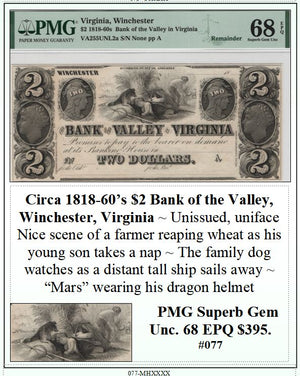 Circa 1818-60's $2 Bank of the Valley, Winchester, Virginia Obsolete Currency ~ PMG SUPERB GEM UNC68 ~ #077