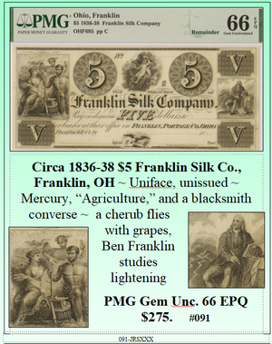 Circa 1836-38 $5 Franklin Silk Co., Franklin, OH #091