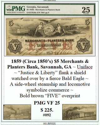 1859(Circa 1850's) $5 Merchants & Planters Bank, Savannah, GA #092