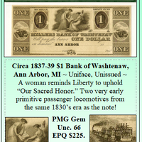 Circa 1837-39 $1 Bank of Washtenaw, Ann Arbor, MI #117