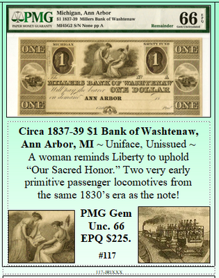 Circa 1837-39 $1 Bank of Washtenaw, Ann Arbor, MI #117