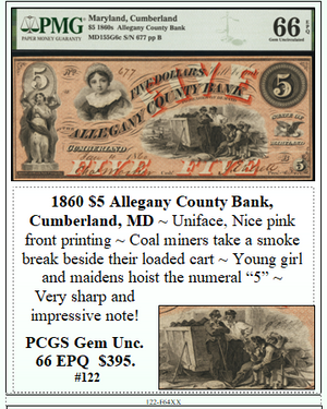 1860 $5 Allegany County Bank, Cumberland, MD #122