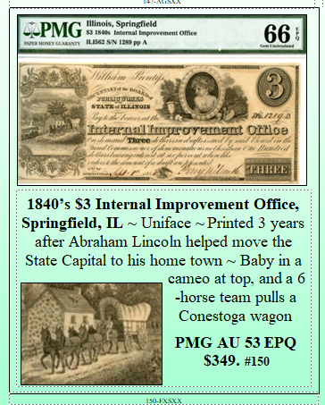 1840’s $3 Internal Improvement Office, Springfield, IL #150