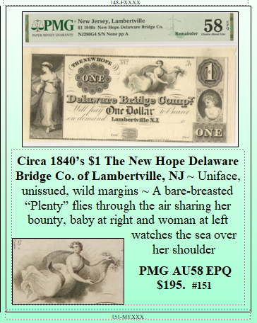 Circa 1840’s $1 The New Hope Delaware Bridge Co. of Lambertville, NJ #151