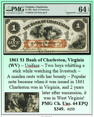 1861 $1 Bank of Charleston, Virginia (WV) #153