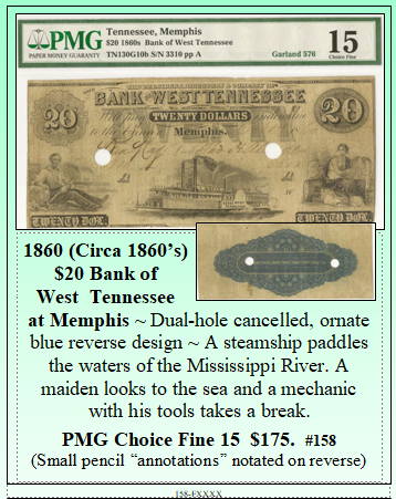 1860 (Circa 1860’s) $20 Bank of  West Tennessee at Memphis #158