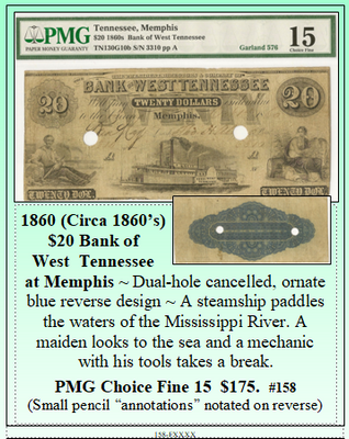 1860 (Circa 1860’s) $20 Bank of  West Tennessee at Memphis #158