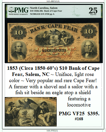 1853 (Circa 1850-60’s) $10 Bank of Cape Fear, Salem, NC #168