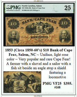 1853 (Circa 1850-60’s) $10 Bank of Cape Fear, Salem, NC #168