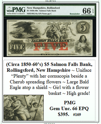 Circa 1850-60’s) $5 Salmon Falls Bank, Rollingsford, New Hampshire #169