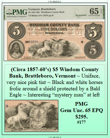 (Circa 1857-60’s) $5 Windom County Bank, Brattleboro, Vermont #177