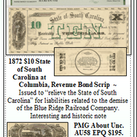 1872 $10 State of South  Carolina at Columbia, Revenue Bond Scrip #178