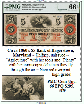 Circa 1860’s $5 Bank of Hagerstown, Maryland #179