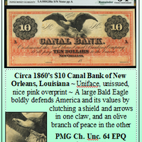 Circa 1860’s $10 Canal Bank of New Orleans, Louisiana #180