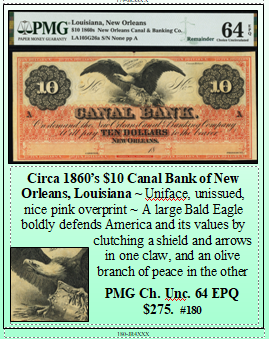 Circa 1860’s $10 Canal Bank of New Orleans, Louisiana #180