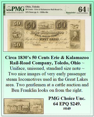 Circa 1830's 50 Cents Erie & Kalamazoo Rail-Road Company, Toldeo, Ohio #049
