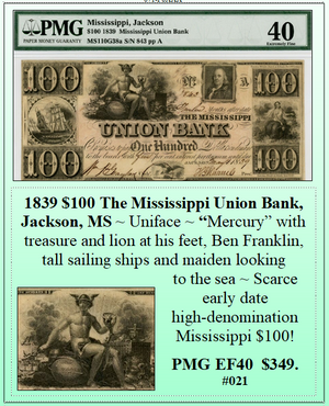 1839 $100 The Mississippi Union Bank, Jackson, MS #021
