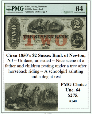 Circa 1850's $2 Sussex Bank of Newton, New Jersey #140